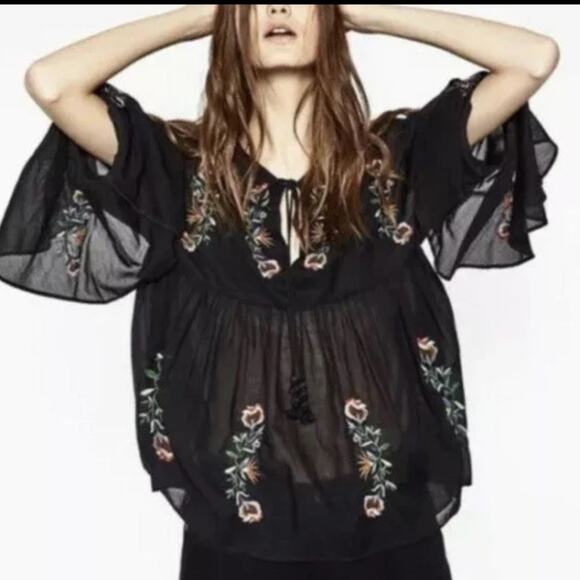 ZARA Trafaluc Collection Embroidered Boho Bell Sleeve Tassel Blouse Size: M - Picture 5 of 6